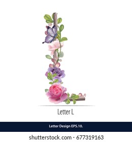 Floral Watercolor Alphabet. Letter L  Made of Flowers. Typographic, Monogram.