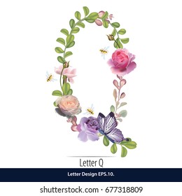 Floral Watercolor Alphabet. Letter Q  Made of Flowers. Typographic, Monogram.