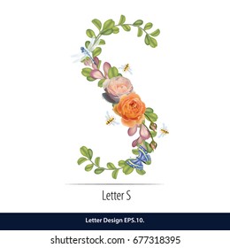 Floral Watercolor Alphabet. Letter S Made of Flowers. Typographic, Monogram.