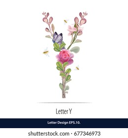 Floral Watercolor Alphabet. Letter Y Made of Flowers. Typographic, Monogram.