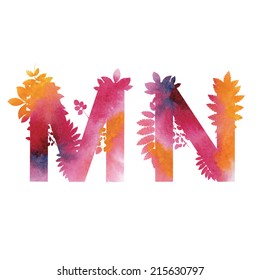 Floral Watercolor Alphabet. Letters M and N. 