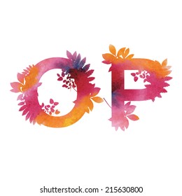 Floral Watercolor Alphabet. Letters O and P. 