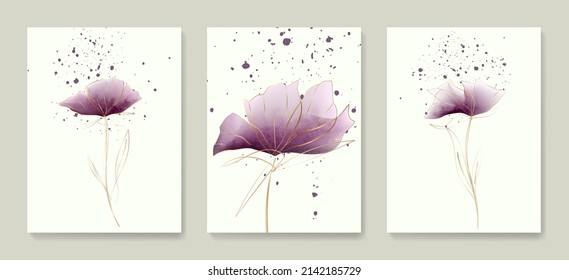 Floral watercolor background in art line style with golden elements. Botanical poster set for interior design, invitation, print, decor