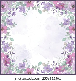 Floral watercolor background. Lavender, pink, purple violet hand drawn flowers with splash watercolor. Aesthetic illustration for wallpaper, banner, print, poster, cover, greeting and invitation card.