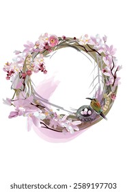 Floral watercolor background with spring flowers and birds. Hand drawn vector illustration.