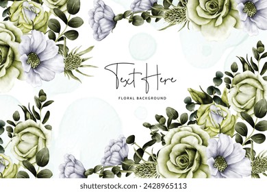 floral watercolor background with white and green rose flower