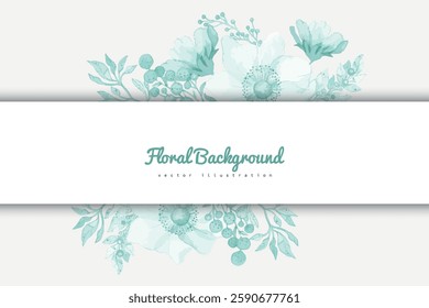 Floral watercolor banner with blue flowers and leaves. Vector illustration