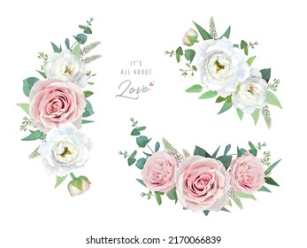 Floral watercolor bouquet, wreath. Vector design element set. Blush pink garden rose, white flowers, veronica, greenery, seeded eucalyptus leaves composition. Wedding invite card editable illustration