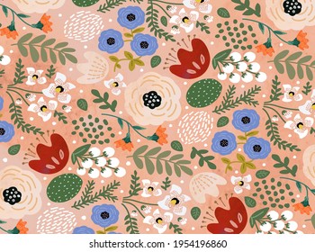 Floral watercolor cute pattern. Vector illustration of flowers, leaves, petals and buds for background, card or invitation