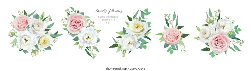 Floral, watercolor design element set. Pink, yellow garden rose, white flowers, jasmine, green seeded eucalyptus leaves, branches bouquet. Editable, vector illustration. Wedding invite card decoration