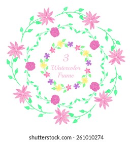 Floral watercolor frames.   Set of hand drawn  aquarelle  wreaths. Vector illustration. Space for your text. Green foliage with bright flowers.