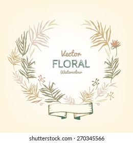 Floral watercolor garland. Useful for Save the Date and greetings cards. Hand drawn watercolour elements. Cute and romantic style. Vector images.