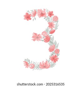Floral Watercolor Number 3.Number three Made of Flowers. Number Monogram
