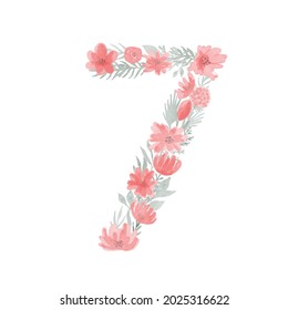 Floral Watercolor Number 7.Number seven Made of Flowers. Number Monogram