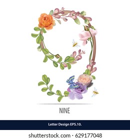 Floral Watercolor Number. Number Nine Made of Flowers. Number Monogram.