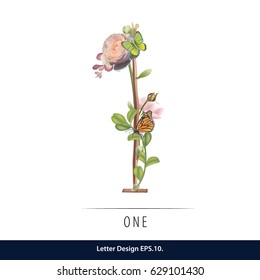 Floral Watercolor Number. Number one  Made of Flowers. Number Monogram.
