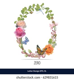 Floral Watercolor Number. Number zero Made of Flowers. Number Monogram.