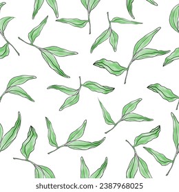 Floral watercolor seamless pattern, hand drawn greenery repeat pattern for textile. Tea leaves retro background. Elegant fabric on white background Surface pattern design