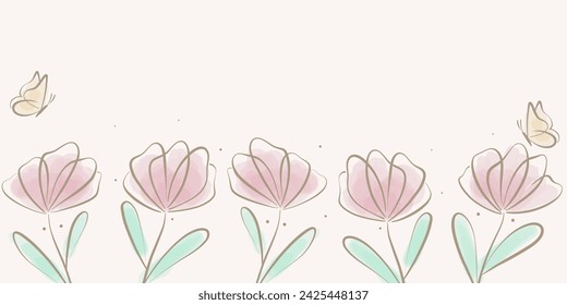 Floral watercolor spring backgorund, vector border design, artistic wallpaper design