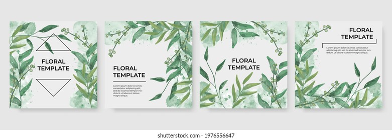 Floral Watercolor Template. Wedding Invitation Beautiful Floral In Green Color. Vector Illustration For Business Card, Social Media Post Or Story Template, Greeting Card And More