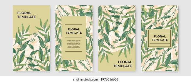 Floral watercolor template. Wedding invitation beautiful floral in green color. Vector illustration for business card, social media post or story template, greeting card and more