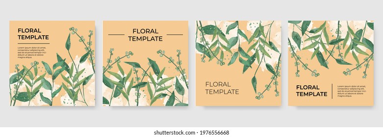 Floral watercolor template. Wedding invitation beautiful floral in green color. Vector illustration for business card, social media post or story template, greeting card and more