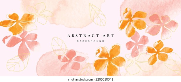 Floral in watercolor vector background. Luxury wallpaper design with flowers, gold line art, watercolor, leaves, foliage. Elegant gold blossom flowers illustration suitable for fabric, prints, cover.