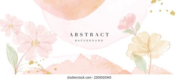 Floral in watercolor vector background. Luxury wallpaper design with pink flowers, line art, watercolor, flower garden. Elegant gold blossom flowers illustration suitable for fabric, prints, cover.