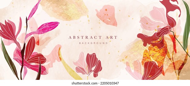 Floral in watercolor vector background. Luxury wallpaper design with tropical plants, line art, flower garden, foil. Elegant gold blossom flowers illustration suitable for fabric, prints, cover.