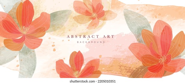 Floral in watercolor vector background. Luxury wallpaper design with red flowers, line art, watercolor, flower garden. Elegant gold blossom flowers illustration suitable for fabric, prints, cover.