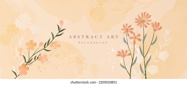 Floral in watercolor vector background. Luxury wallpaper design with wildflowers, gold line, watercolor, leaves, foliage. Elegant gold blossom flowers illustration suitable for fabric, prints, cover.