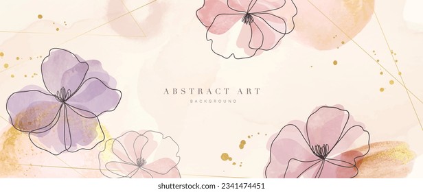 Floral en fondo vectorial de acuarela. Diseño de papel pintado de lujo con flores rosas, arte en línea, acuarela, jardín de flores. Elegante ilustración de flores de flores de flores de oro adecuado para tela, huellas, cubierta.