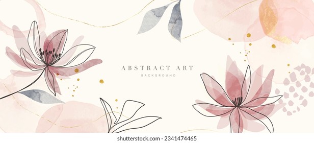 Floral in watercolor vector background. Luxury wallpaper design with pink flowers, line art, watercolor, flower garden. Elegant gold blossom flowers illustration suitable for fabric, prints, cover.