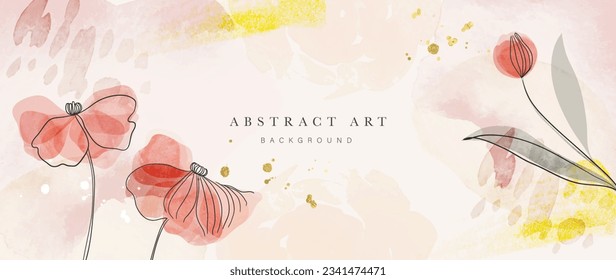 Floral in watercolor vector background. Luxury wallpaper design with pink flowers, line art, watercolor, flower garden. Elegant gold blossom flowers illustration suitable for fabric, prints, cover.