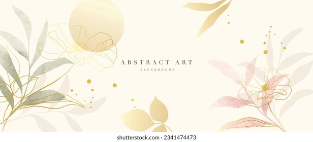 Floral in watercolor vector background. Luxury wallpaper design with pink flowers, line art, watercolor, flower garden. Elegant gold blossom flowers illustration suitable for fabric, prints, cover.