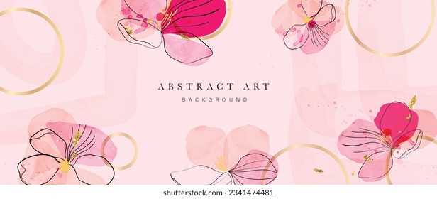 Floral in watercolor vector background. Luxury wallpaper design with pink flowers, line art, watercolor, flower garden. Elegant gold blossom flowers illustration suitable for fabric, prints, cover.