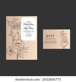 Floral in watercolor vector background. wallpaper design with pink flowers, line art, golden texture