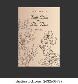 Floral in watercolor vector background. wallpaper design with pink flowers, line art, golden texture