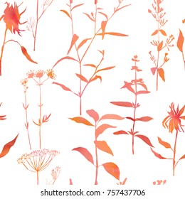 Floral watercolor vector seamless pattern with meadow grasses, herbs and flowers.
 Hand drawn sunflowers, dill, basilicum and other florals with watercolor texture in red, pink and orange colors .