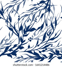 Floral watercolor vector texture pattern with blue branch and leaves. Seamless pattern can be used for wallpaper, pattern fills, web page background, surface textures.