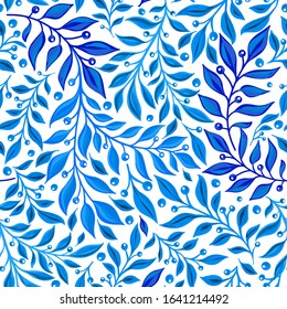 Floral watercolor vector texture pattern with blue branch and leaves. Seamless pattern can be used for wallpaper, pattern fills, web page background, surface textures.