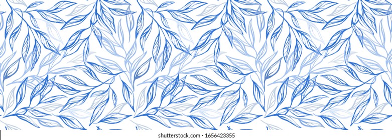 Floral watercolor vector texture pattern with blue branch and leaves. Seamless pattern can be used for wallpaper, pattern fills, web page background, surface textures.