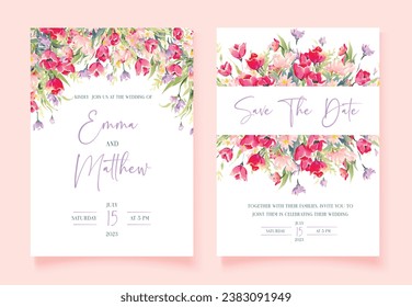 Floral watercolor wedding invitation with pink wild flowers and Save The Date cards, vector template.