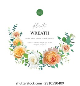 Floral watercolor wreath bouquet. Wedding invite, save the date card. Peach flowers, greenery vector illustration. Orange yellow, white rose, carnation, green eucalyptus leaves. Watercolor arrangement