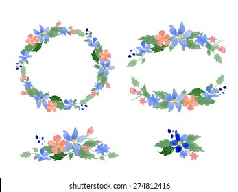 Floral watercolor wreaths, frames, bouquets. Great for wedding invitations, mothers day and birthday cards, page decoration.