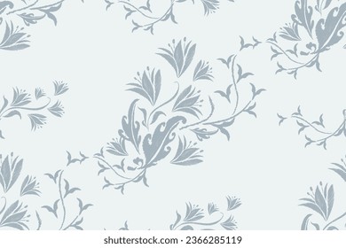 Floral watercolour pattern seamless embroidery background border. Climbing wild Flower motifs seamless pattern. Watercolour oriental Ikat baroque style vector illustration.Hand drawn.