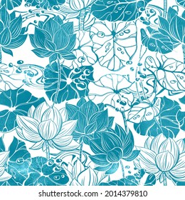 Floral  watercolour seamless pattern in gentle blue tones with ornate lotus flowers, leaves and bubbles for fabrics, textiles, paper