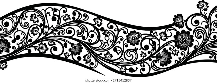 Ilustración vectorial floral de la silueta del borde de la onda para los diseños decorativos del marco y los divisores de la página del ornamento de la naturaleza.