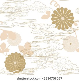 Floral , wave and cloud seamless background with Japanese pattern vector. Gold cherry blossom with geometric pattern.