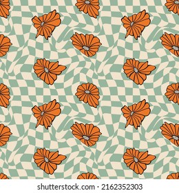 Floral and Wavy grid seamless pattern. Retro style background print for wallpaper, fabric, wrapping paper.